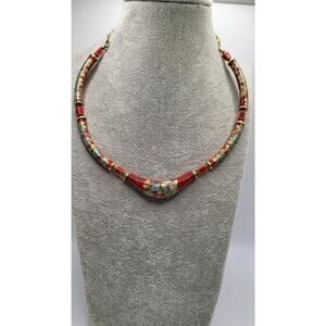 Vintage Japan Enamel Floral Necklace Red Gold Tone Mid Century Statement